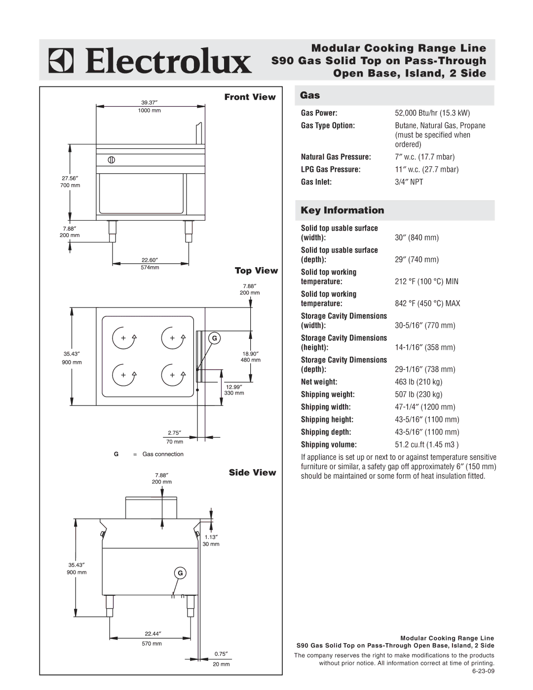 Electrolux 584162 warranty Modular Cooking Range Line, S90 Gas Solid Top on Pass-Through, Open Base, Island, 2 Side 