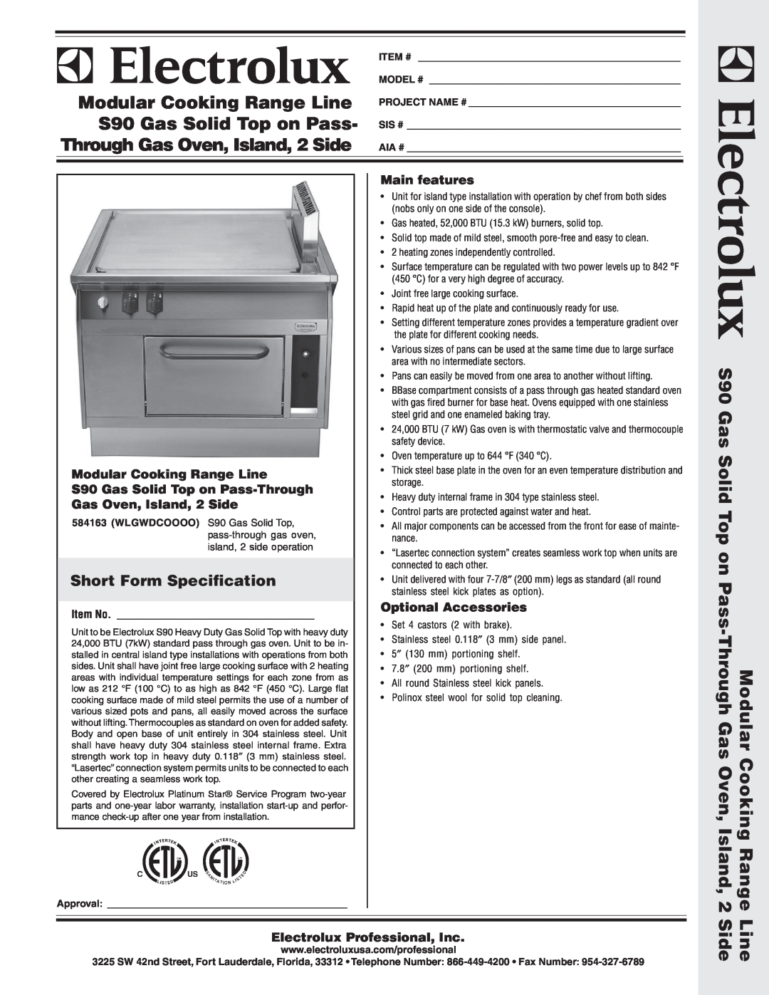 Electrolux 584163 warranty Short Form Specification, Modular Cooking Range Line, Main features, Optional Accessories 