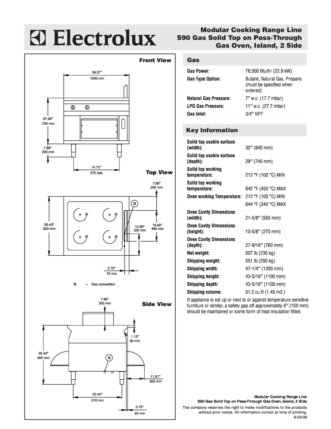 Electrolux 584163 Front View, Top View, Side View, Key Information, 78,000 Btu/hr 22.9 kW, must be specified when, ordered 