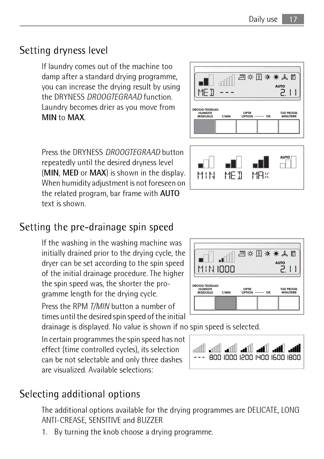 Electrolux 58840R user manual Setting dryness level, Setting the pre-drainage spin speed, Selecting additional options 