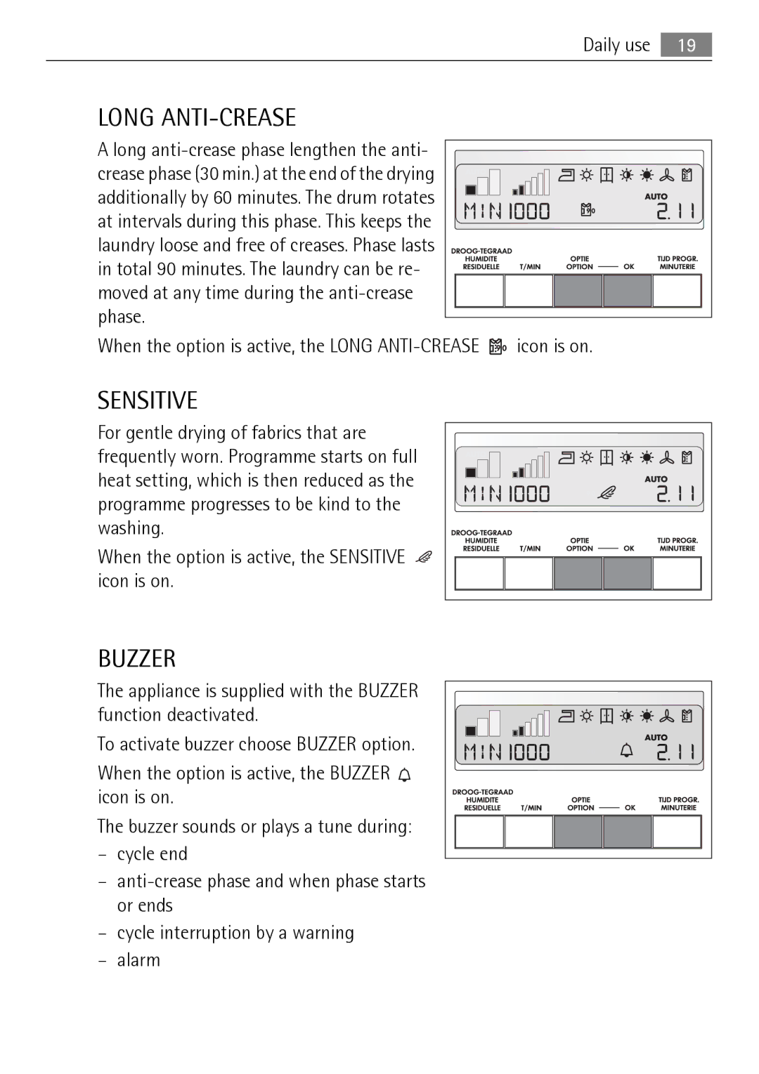 Electrolux 58840R user manual Long anti-crease phase lengthen the anti, When the option is active, the Sensitive icon is on 