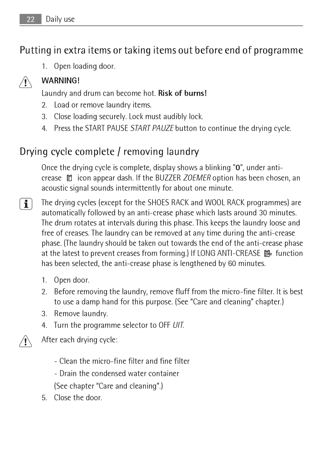 Electrolux 58840R user manual Drying cycle complete / removing laundry, Open door, Close the door 