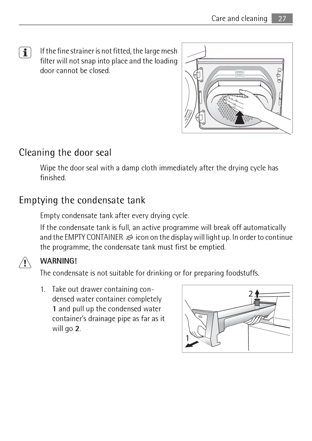 Electrolux 58840R Cleaning the door seal, Emptying the condensate tank, Empty condensate tank after every drying cycle 