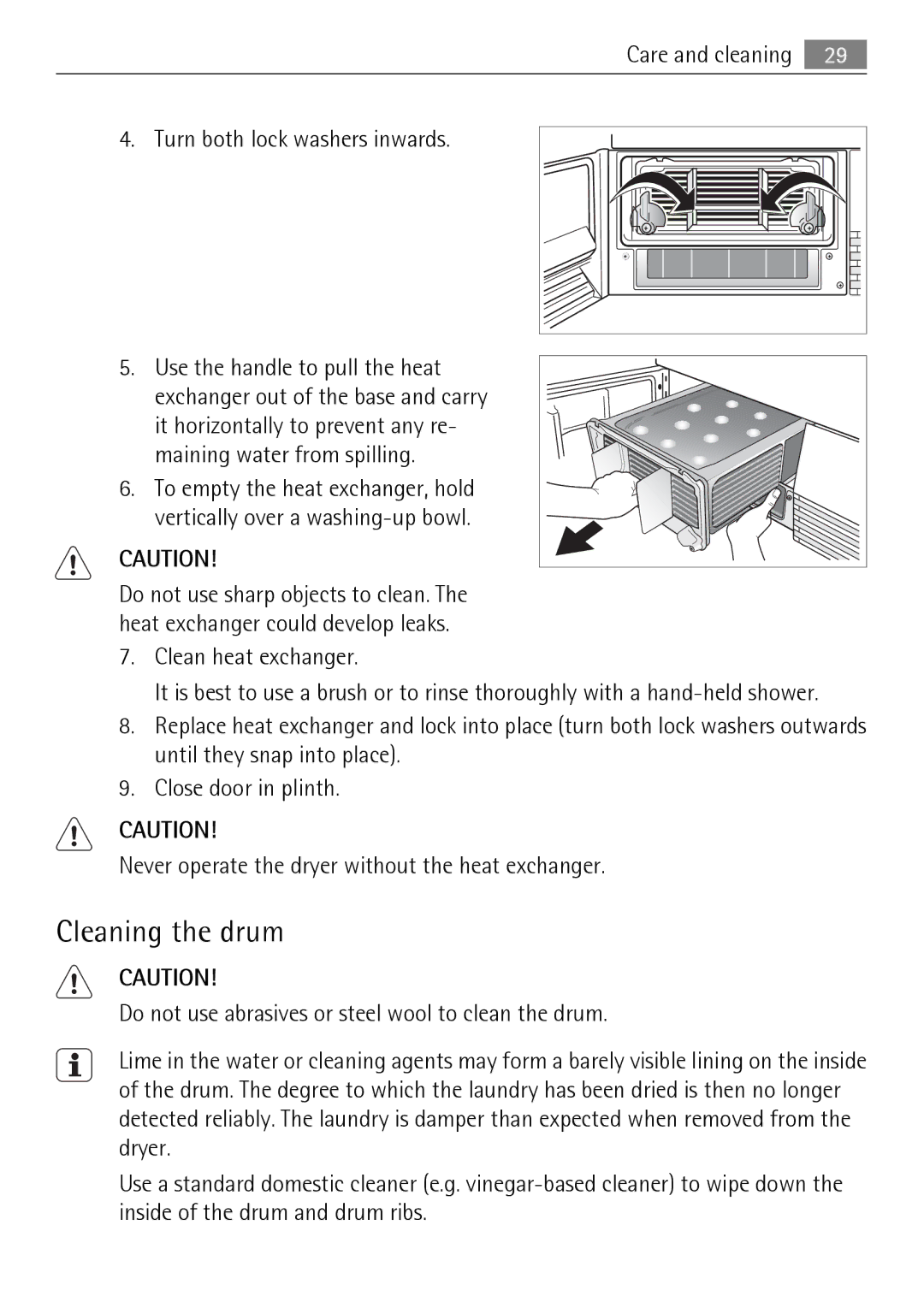 Electrolux 58840R user manual Cleaning the drum, Care and cleaning Turn both lock washers inwards 