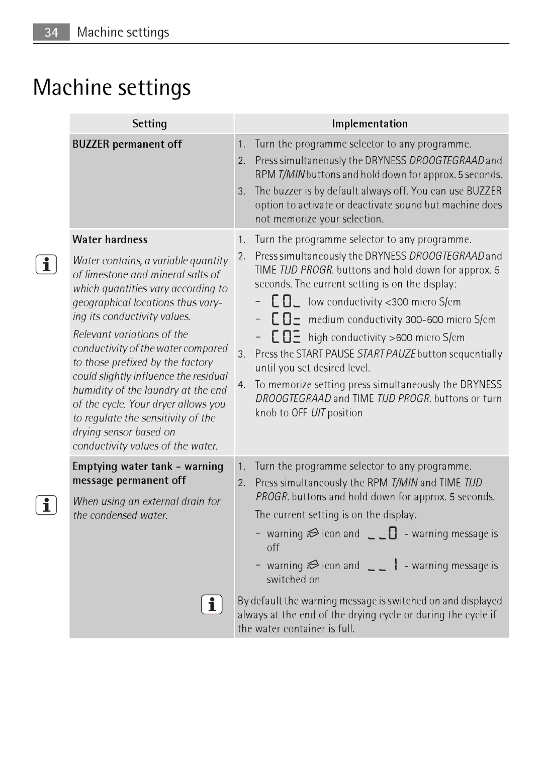 Electrolux 58840R user manual Machine settings, Setting Implementation Buzzer permanent off 