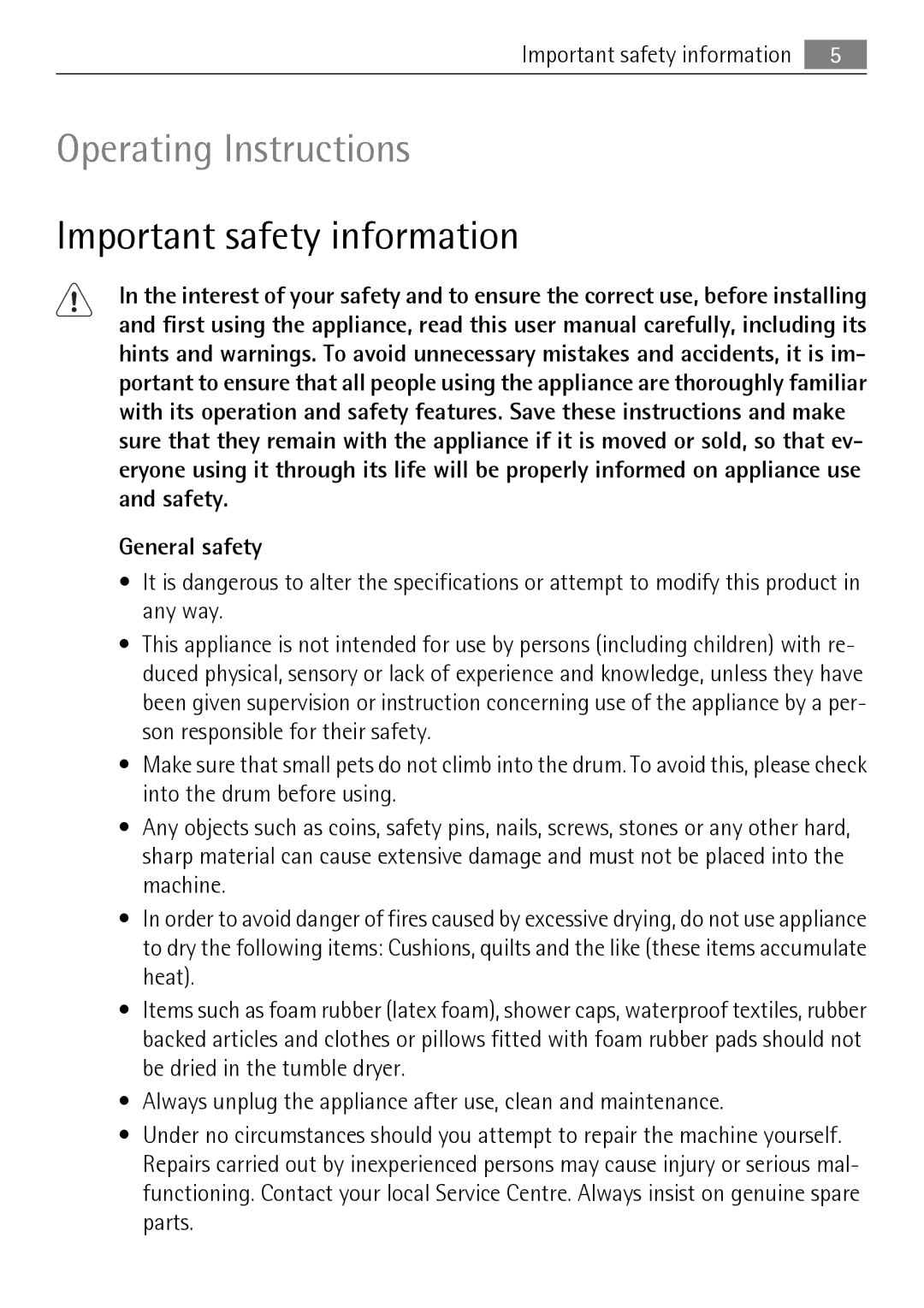 Electrolux 58840R user manual Important safety information, General safety 