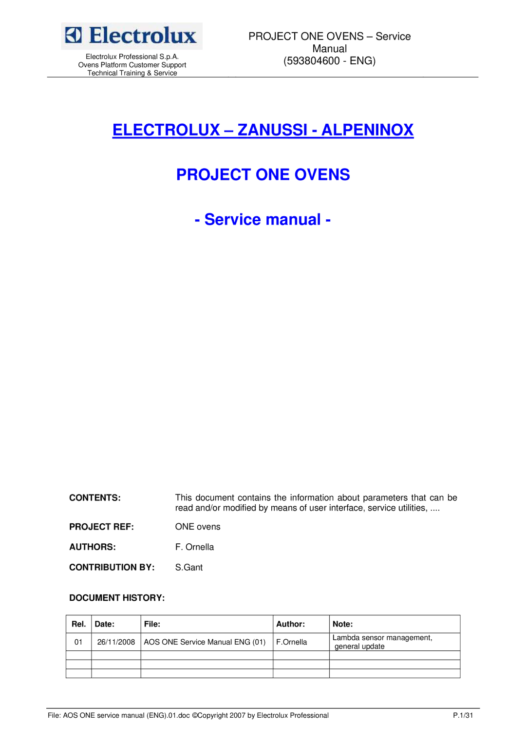 Electrolux 593804600 service manual Contents, Project REF, Authors, Contribution by, Document History 