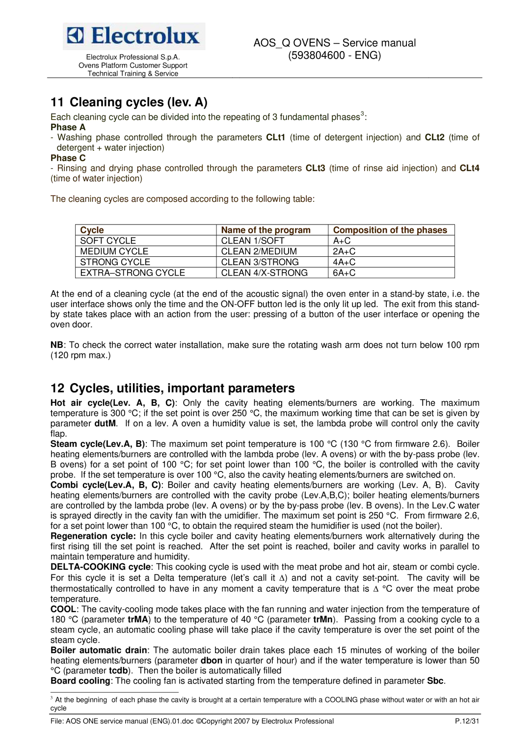 Electrolux 593804600 service manual Cleaning cycles lev. a, Cycles, utilities, important parameters 