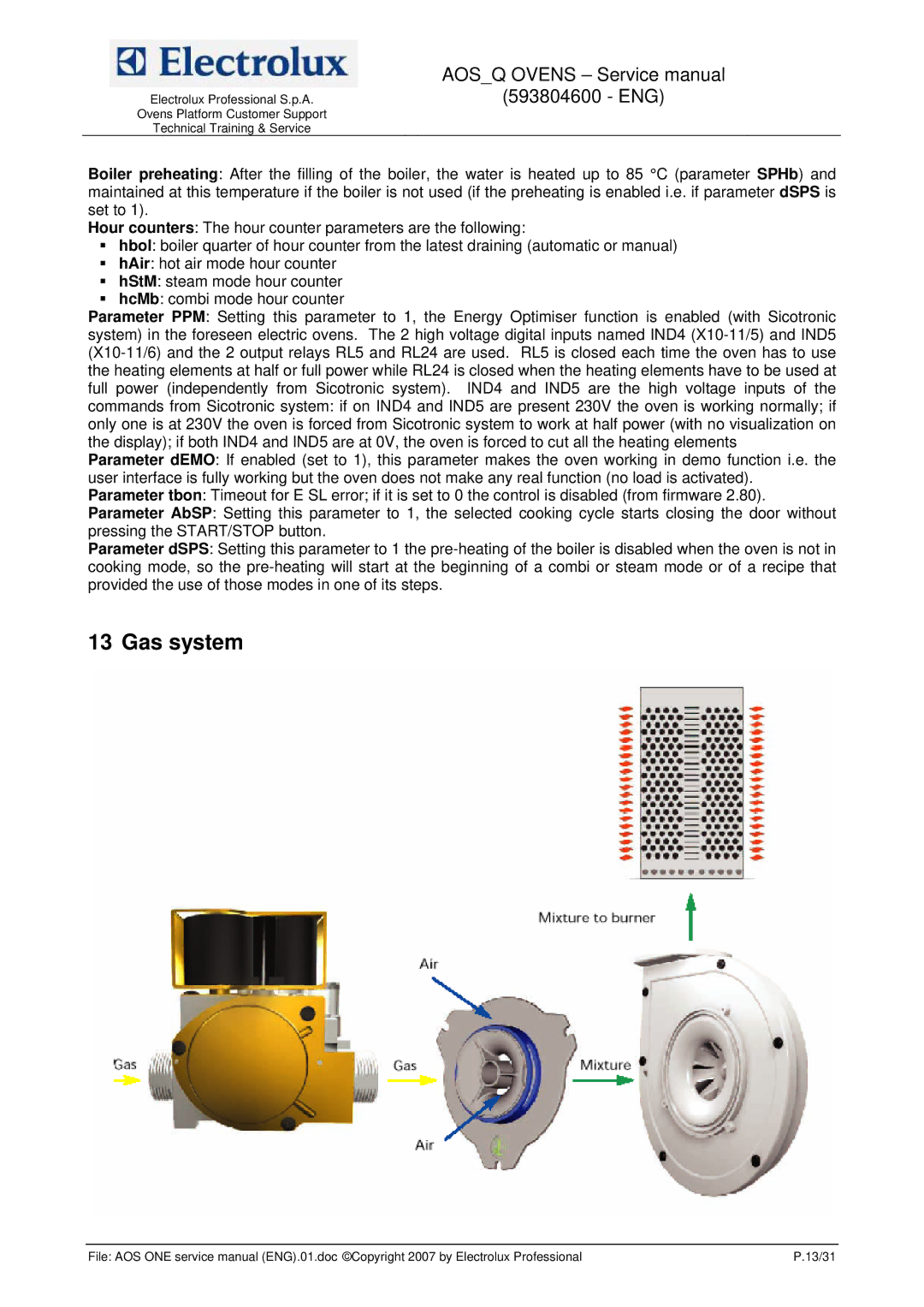 Electrolux 593804600 service manual Gas system 