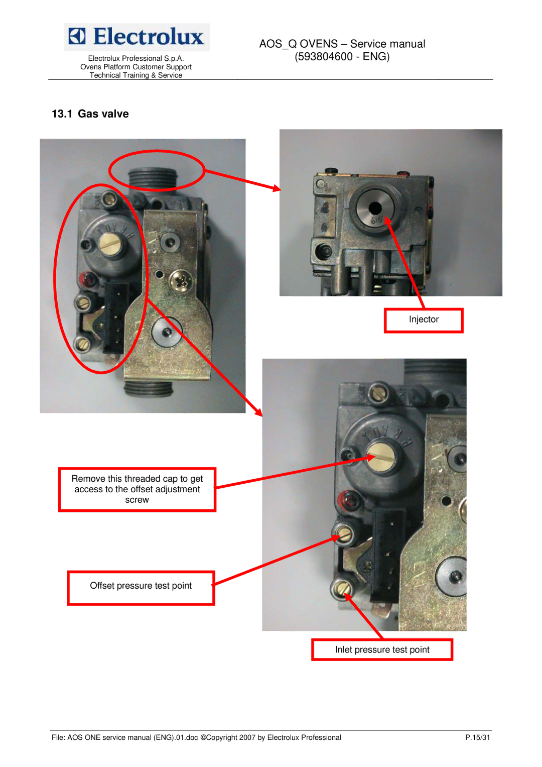 Electrolux 593804600 service manual Gas valve 