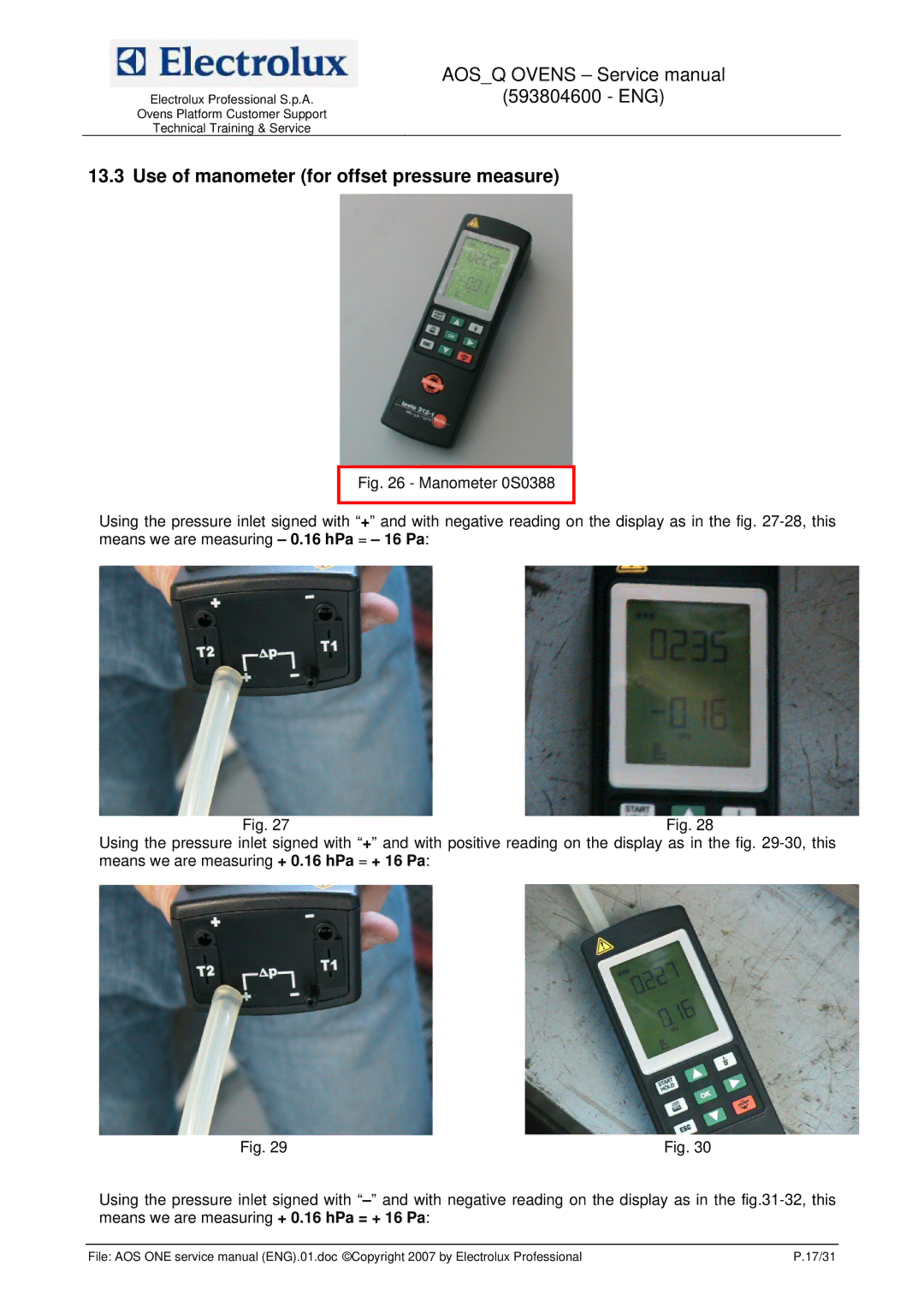 Electrolux 593804600 service manual Use of manometer for offset pressure measure 