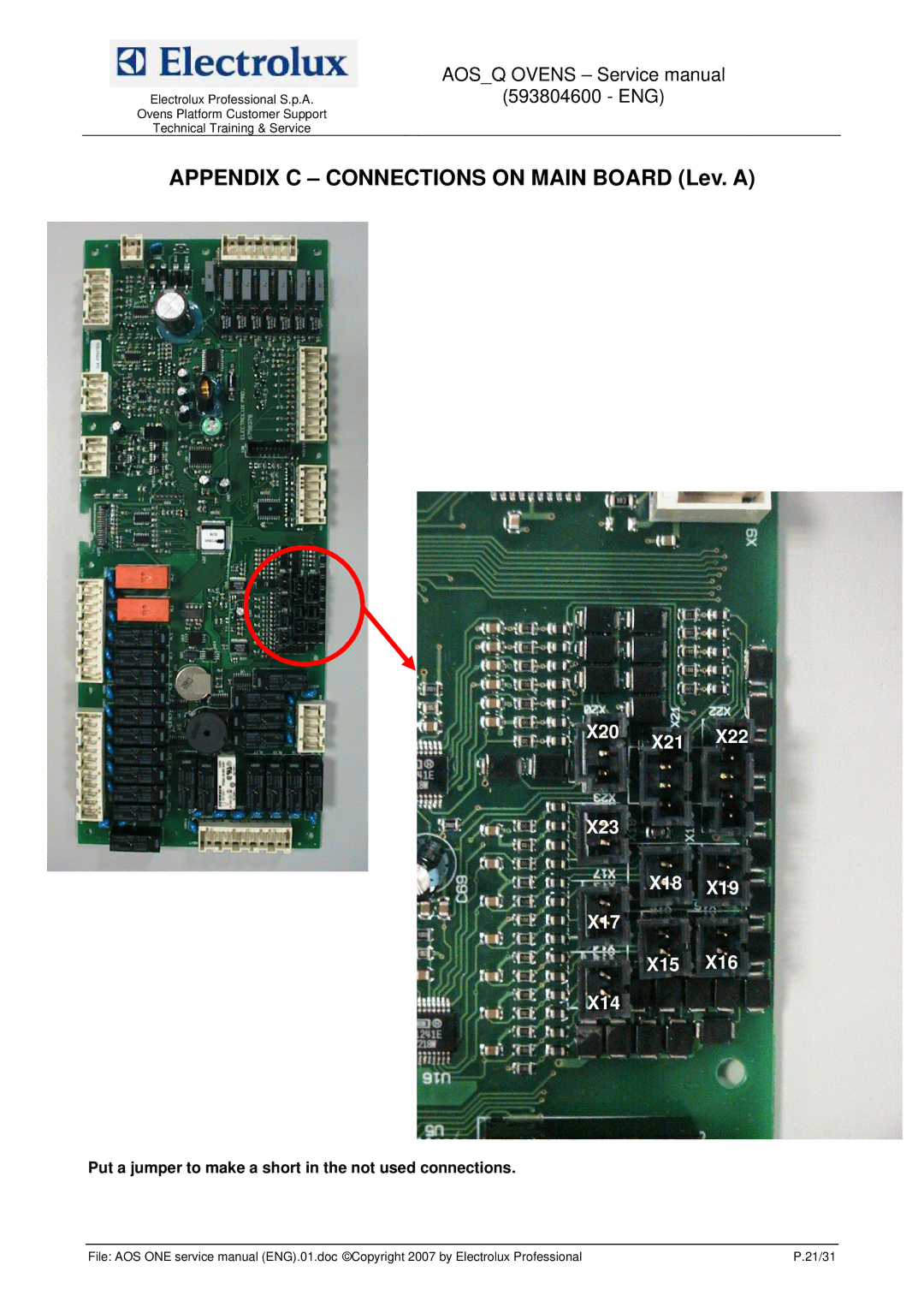 Electrolux 593804600 Appendix C Connections on Main Board Lev. a, Put a jumper to make a short in the not used connections 