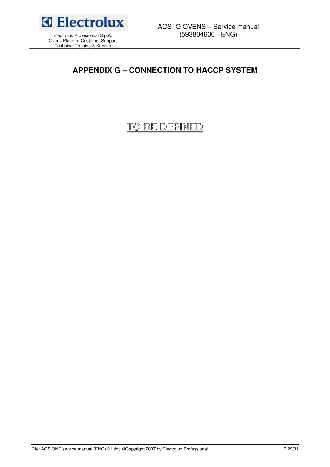 Electrolux 593804600 service manual To be Defined, Appendix G Connection to Haccp System 