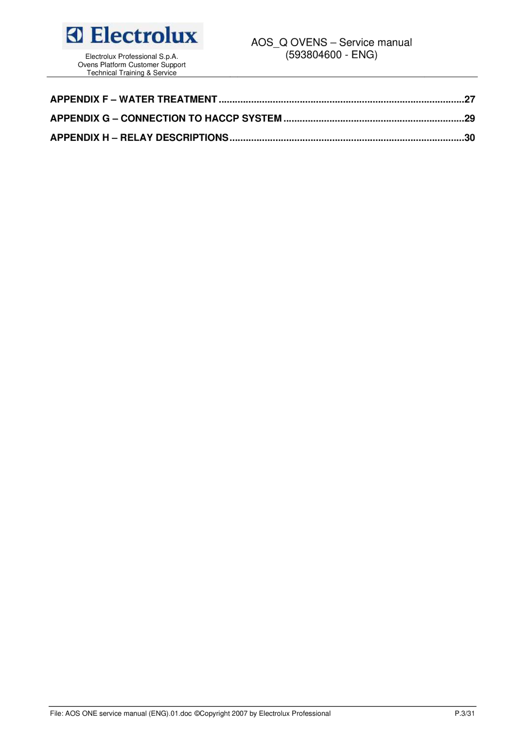 Electrolux 593804600 service manual Appendix F Water Treatment 