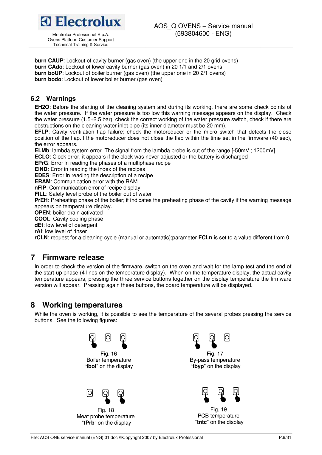 Electrolux 593804600 service manual Firmware release, Working temperatures 