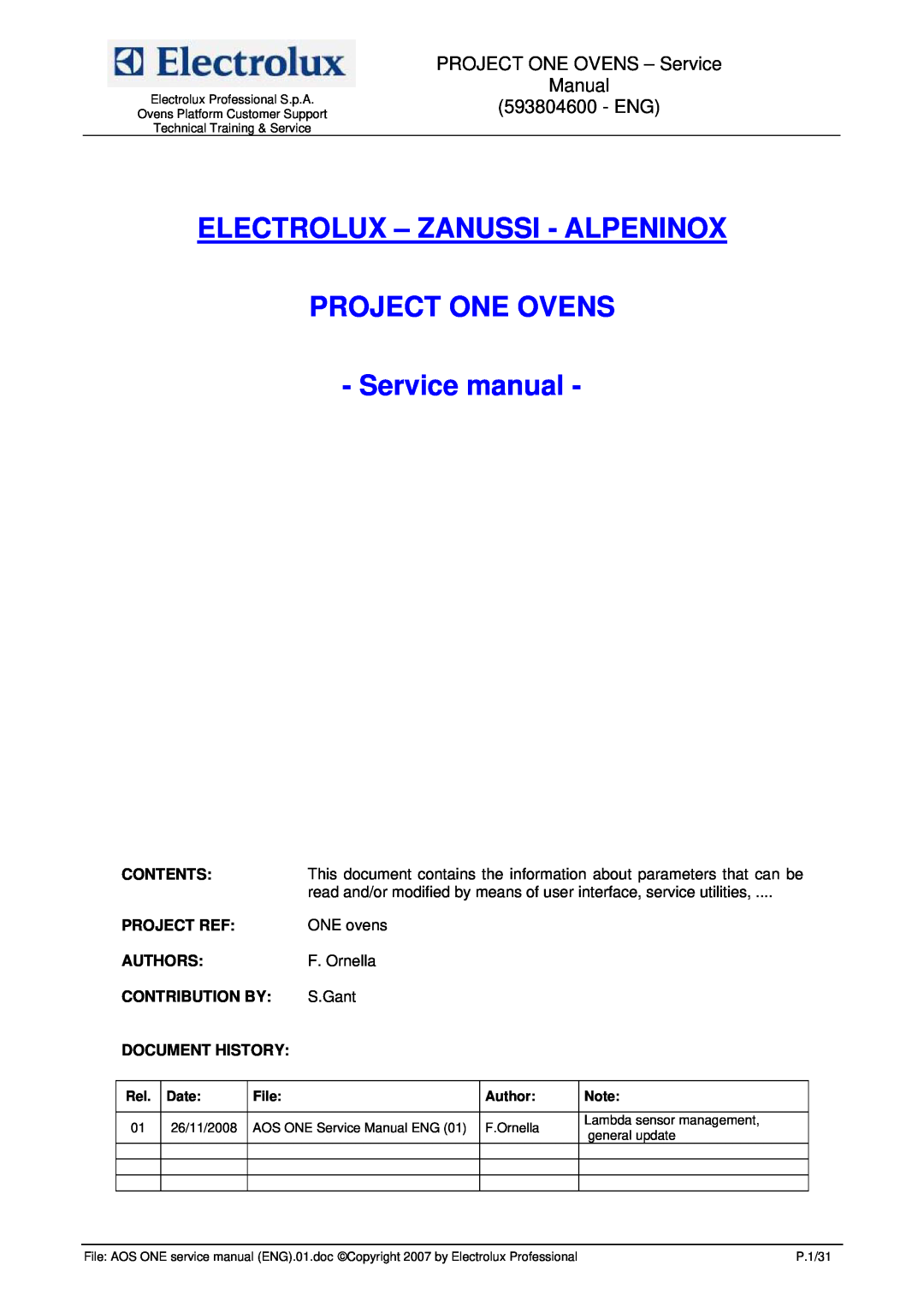 Electrolux service manual PROJECT ONE OVENS - Service Manual 593804600 - ENG, Date, File, Author 