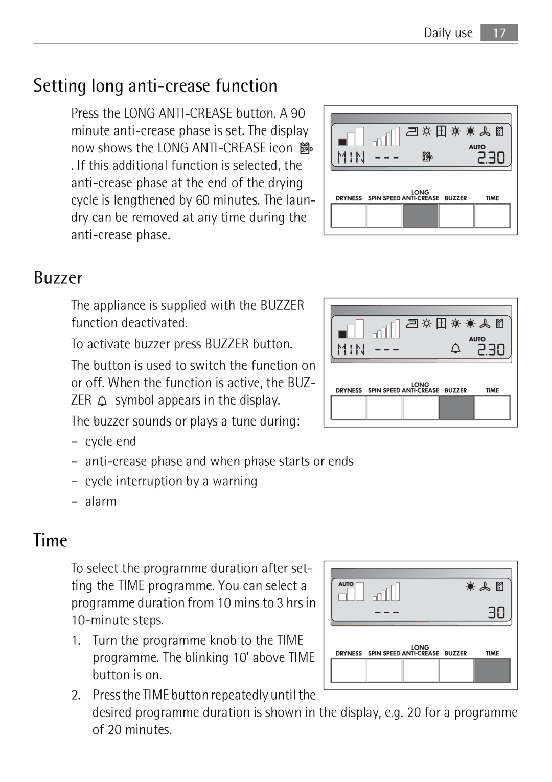 Electrolux 59840 user manual Setting long anti-crease function, Buzzer, Time 