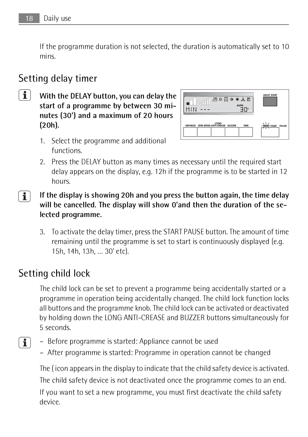 Electrolux 59840 user manual Setting delay timer, Setting child lock 