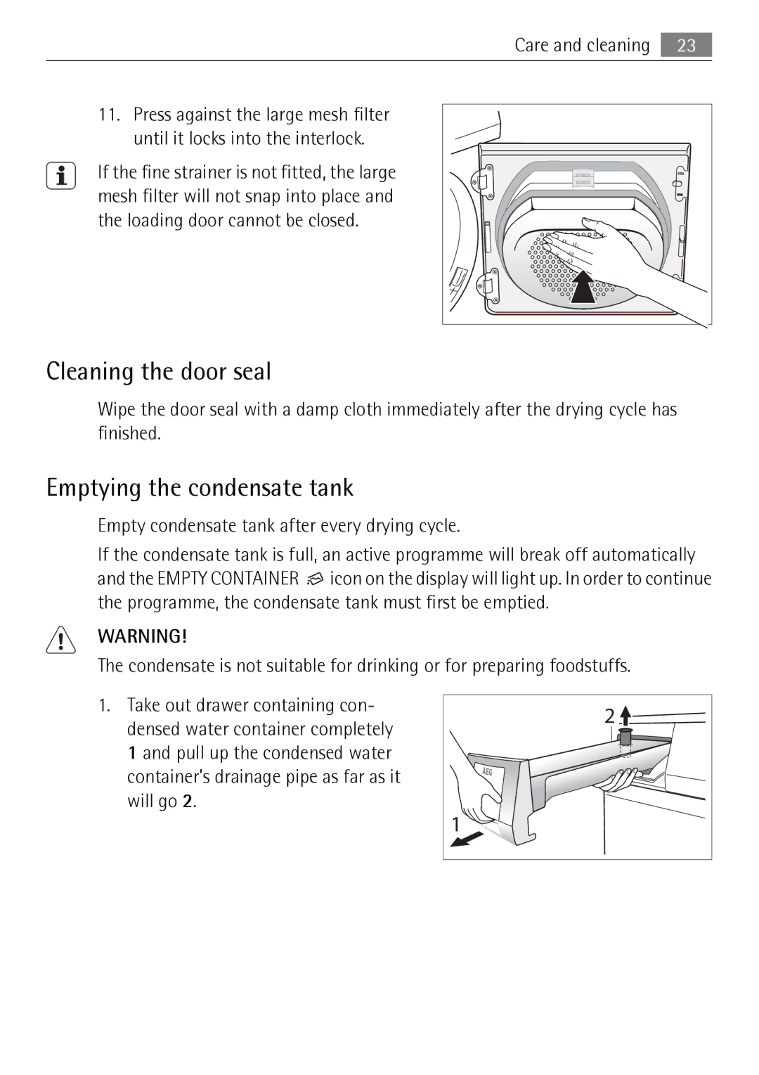 Electrolux 59840 Cleaning the door seal, Emptying the condensate tank, Empty condensate tank after every drying cycle 