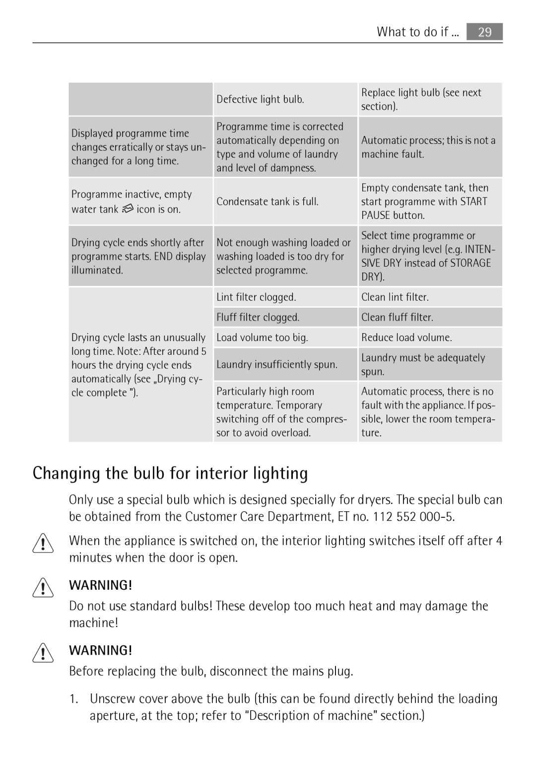 Electrolux 59840 user manual Changing the bulb for interior lighting, What to do if 