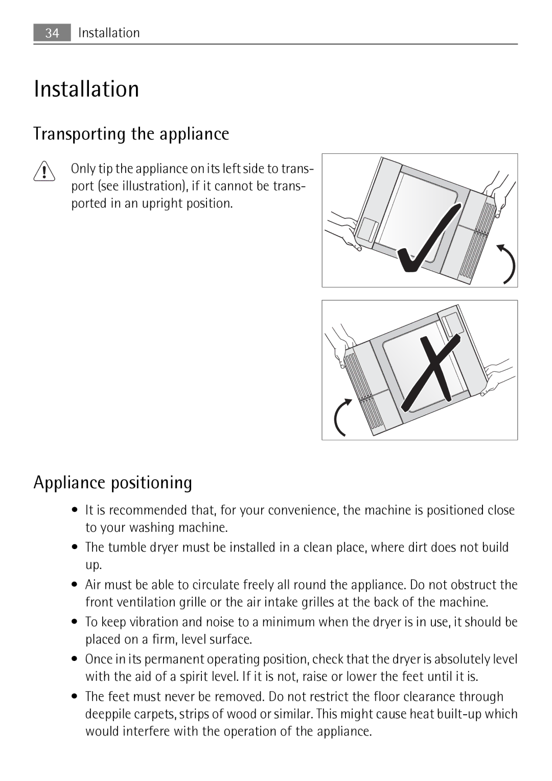 Electrolux 59840 user manual Installation, Transporting the appliance, Appliance positioning 