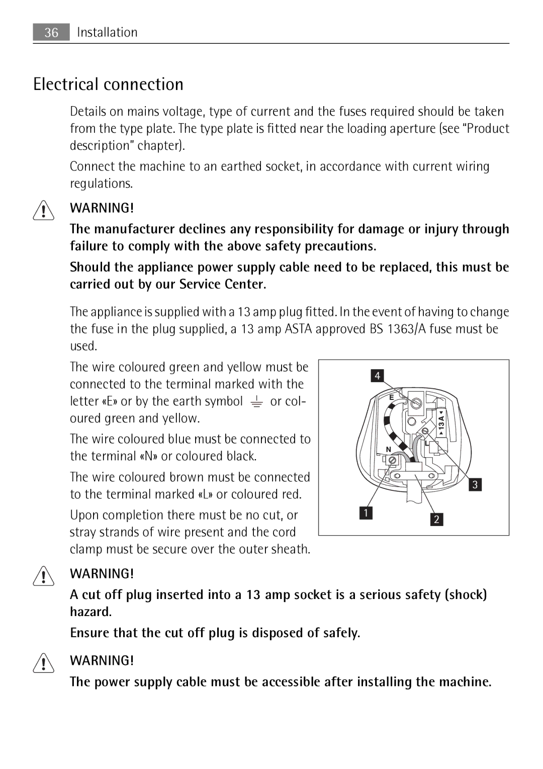 Electrolux 59840 user manual Electrical connection 