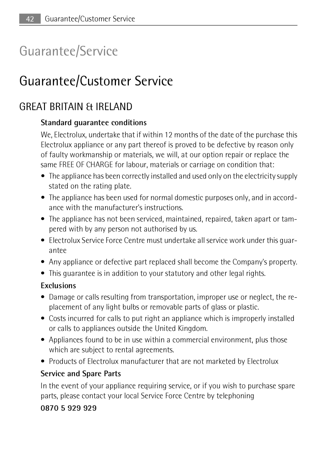 Electrolux 59840 user manual Guarantee/Customer Service, Standard guarantee conditions, Exclusions, Service and Spare Parts 