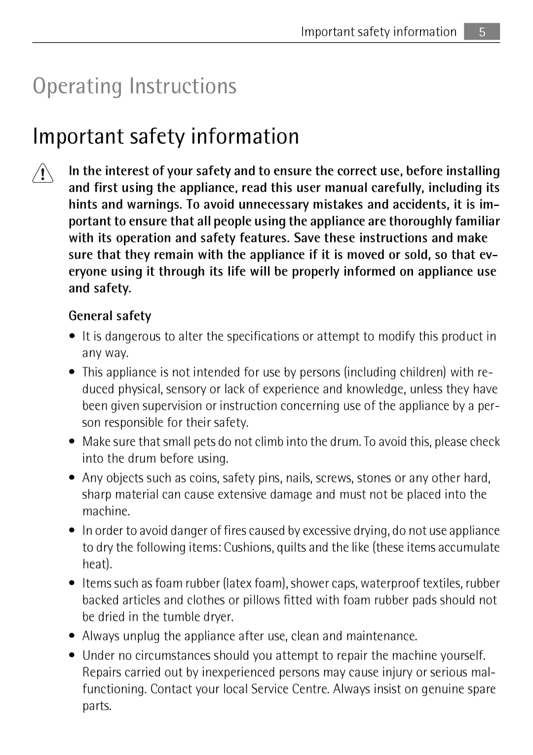 Electrolux 59840 user manual Important safety information, General safety 