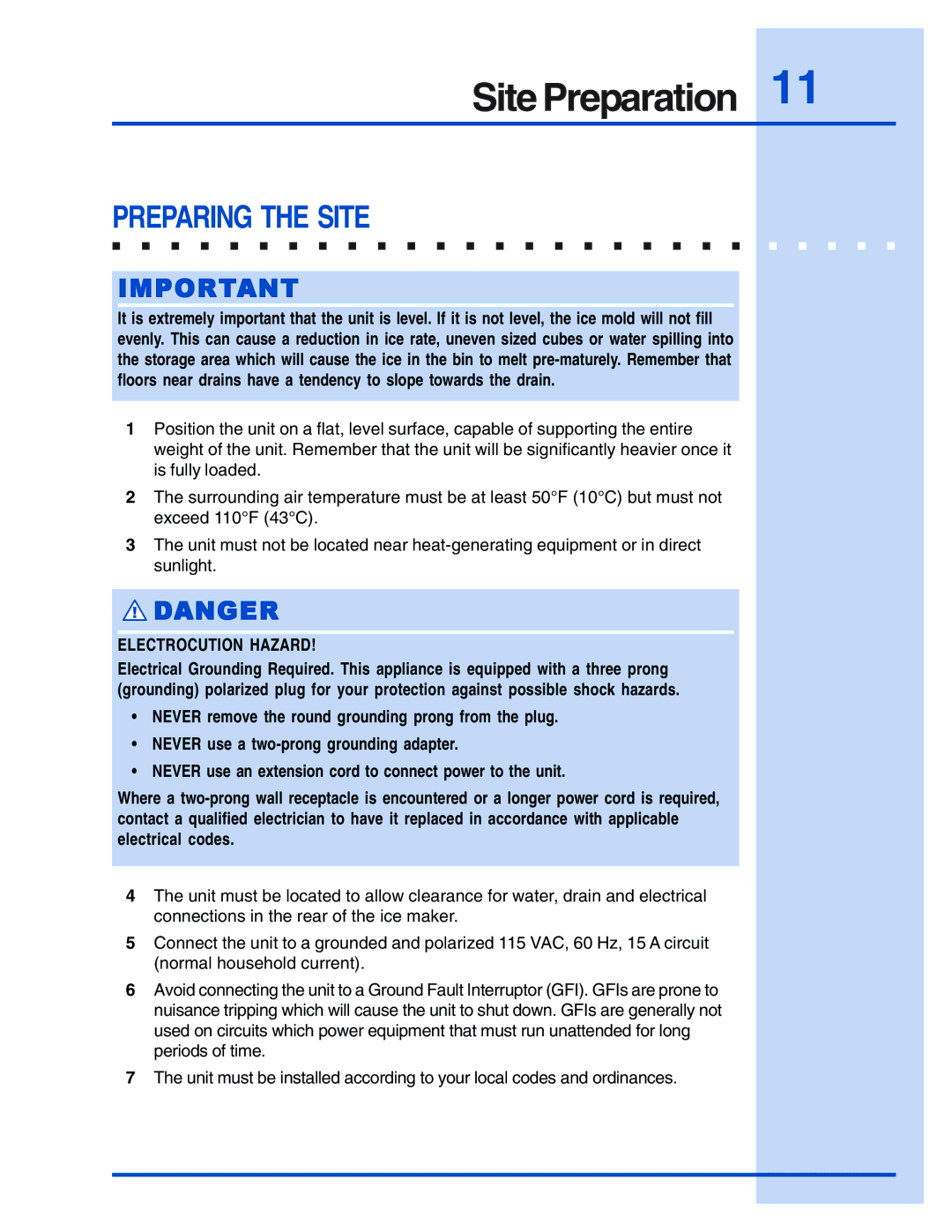 Electrolux 5995421640 manual Site Preparation, Preparing the Site 