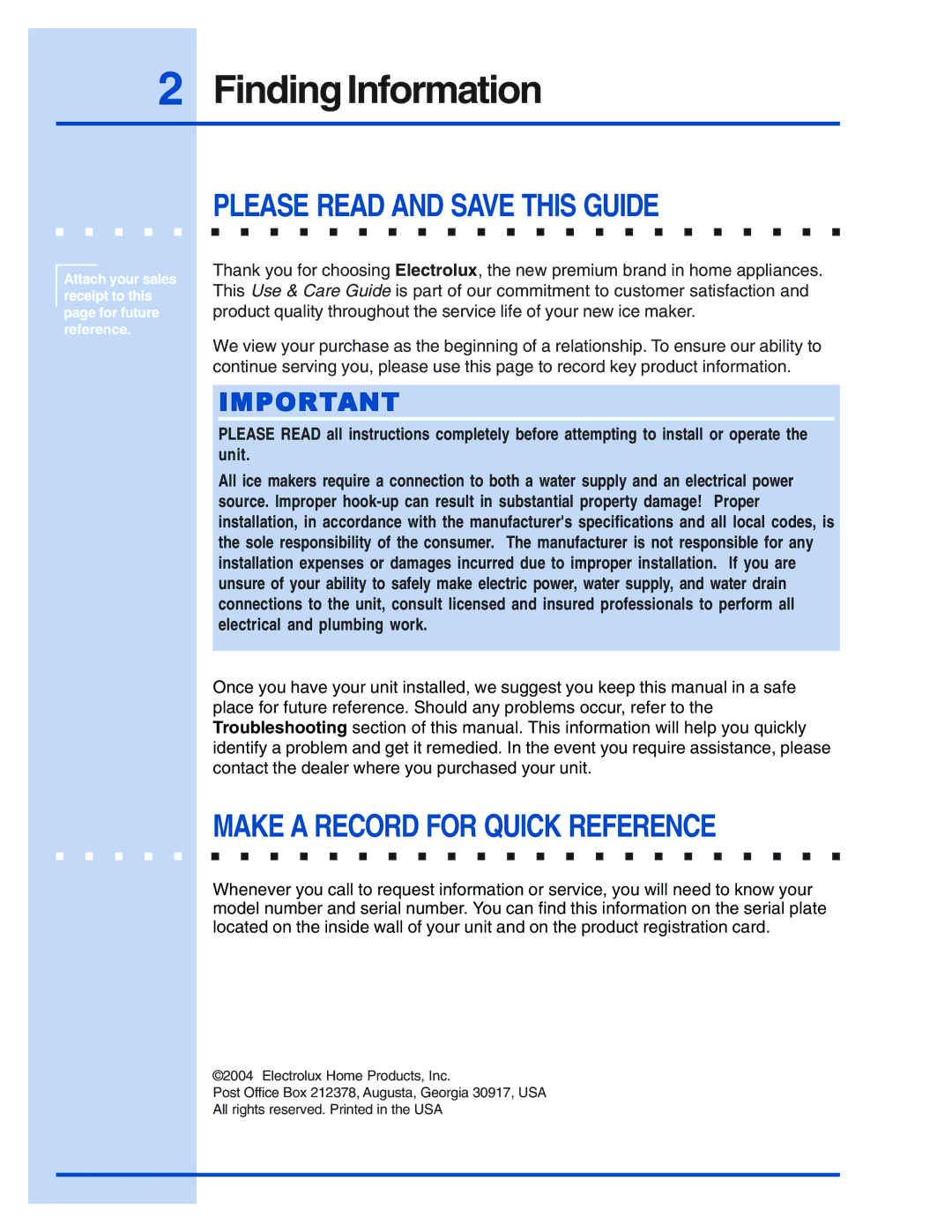 Electrolux 5995421640 manual Finding Information, Please Read and Save this Guide, Make a Record for Quick Reference 