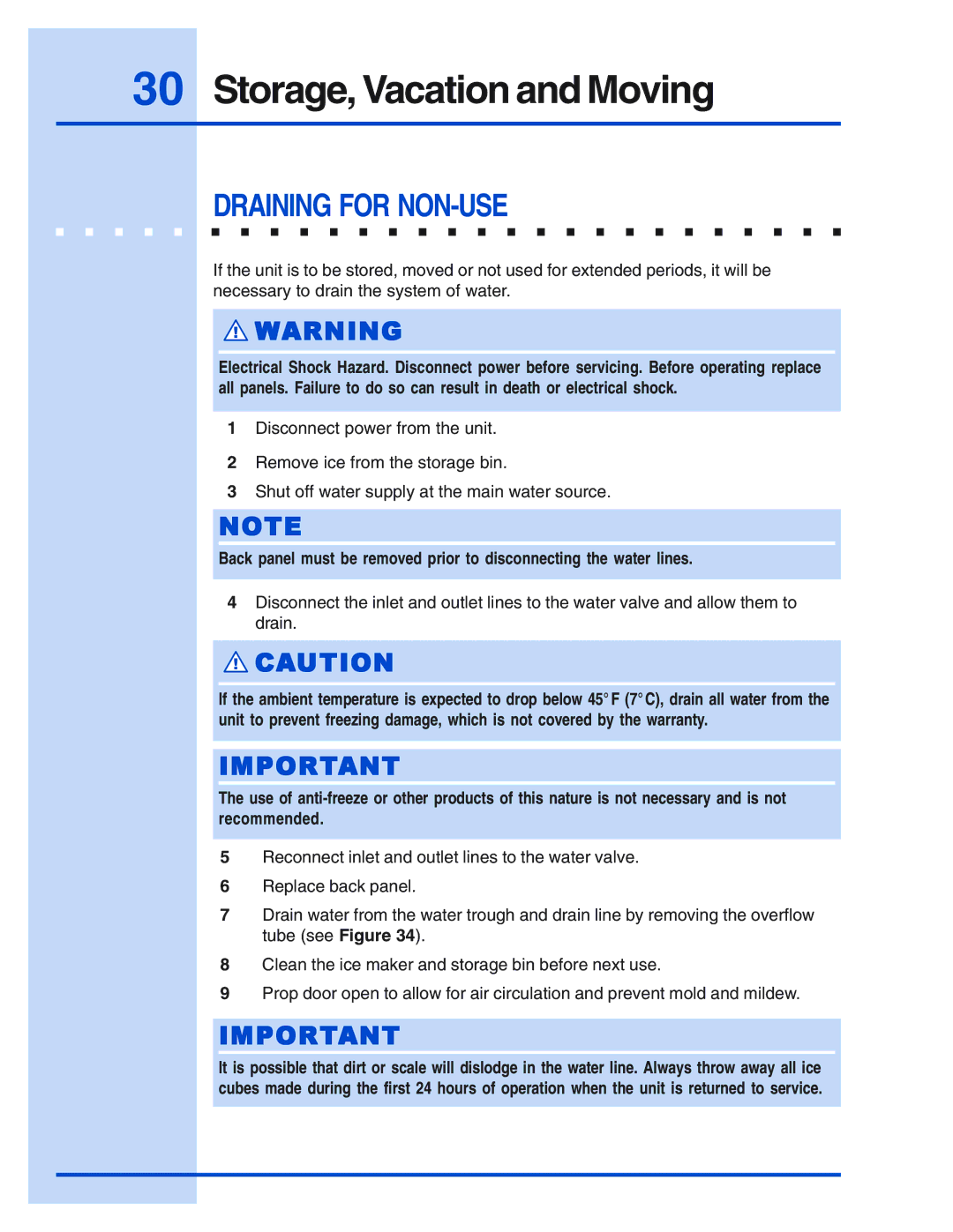 Electrolux 5995421640 manual Storage, Vacation and Moving, Draining for NON-USE 