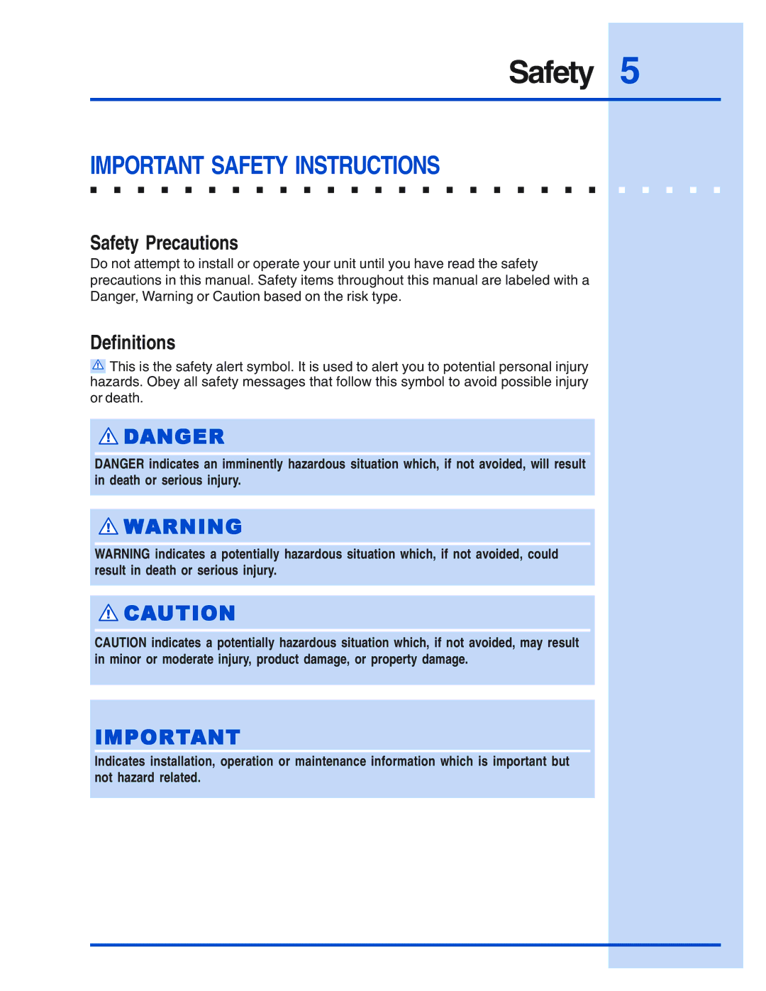 Electrolux 5995421640 manual Important Safety Instructions, Safety Precautions, Definitions 