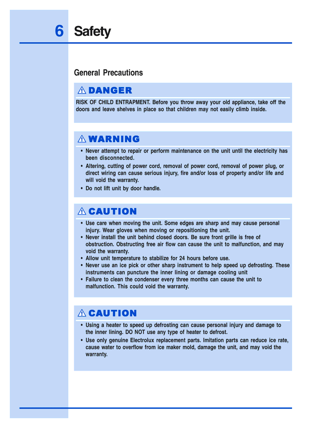 Electrolux 5995421640 manual General Precautions 