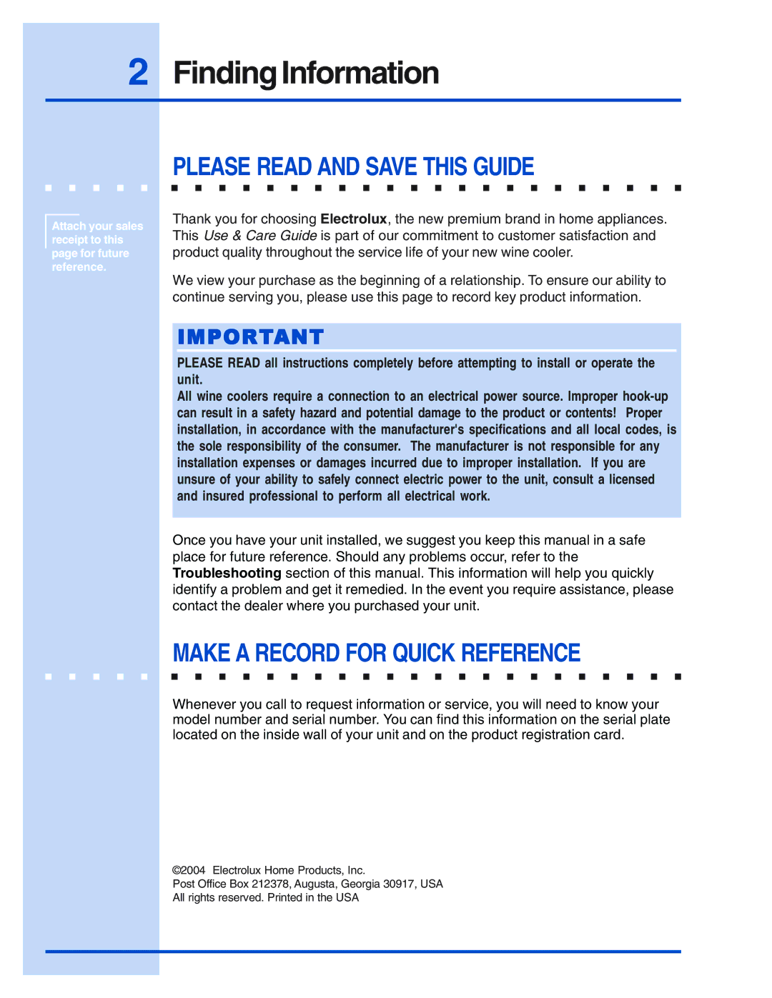 Electrolux 5995421657 manual Finding Information, Please Read and Save this Guide, Make a Record for Quick Reference 