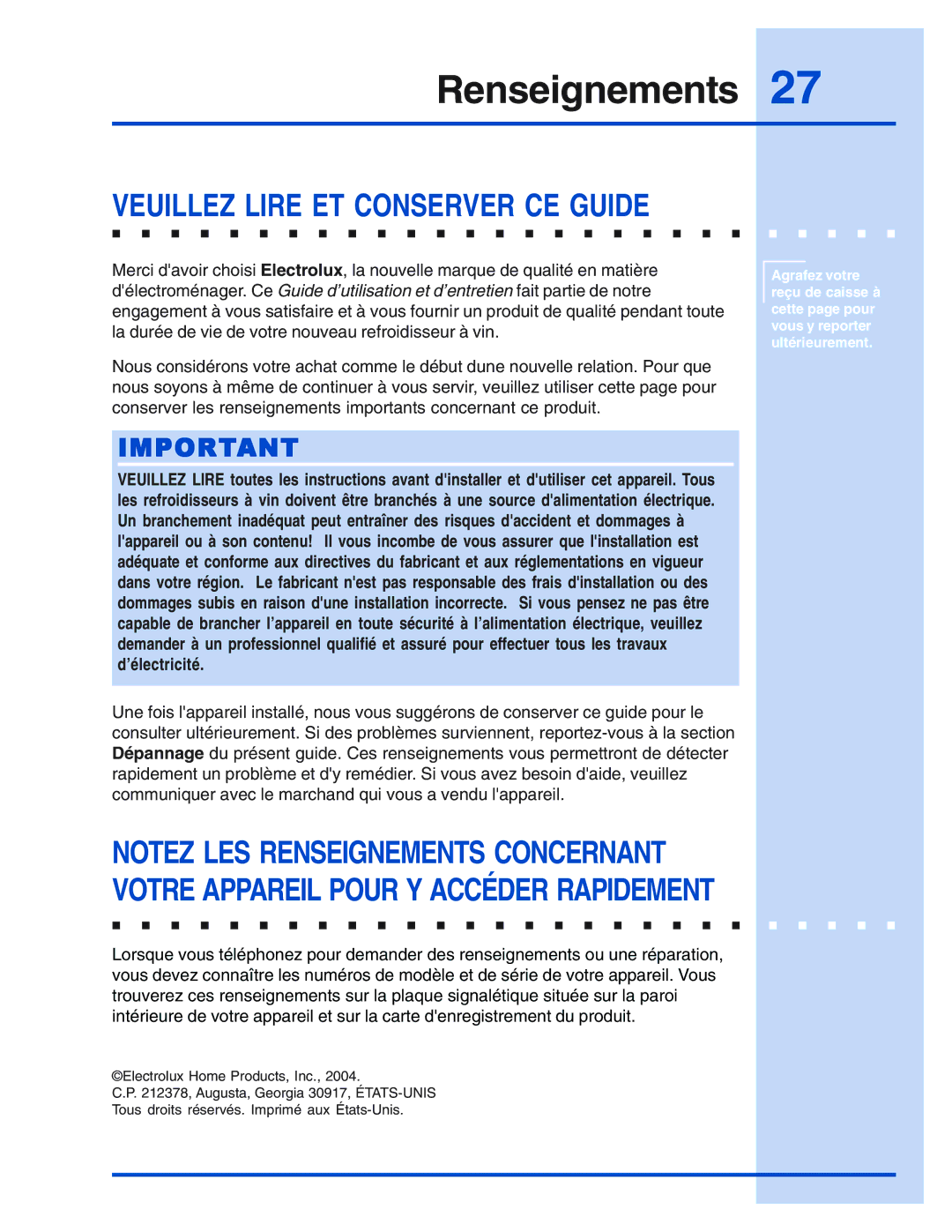 Electrolux 5995421657 manual Renseignements, Veuillez Lire ET Conserver CE Guide 