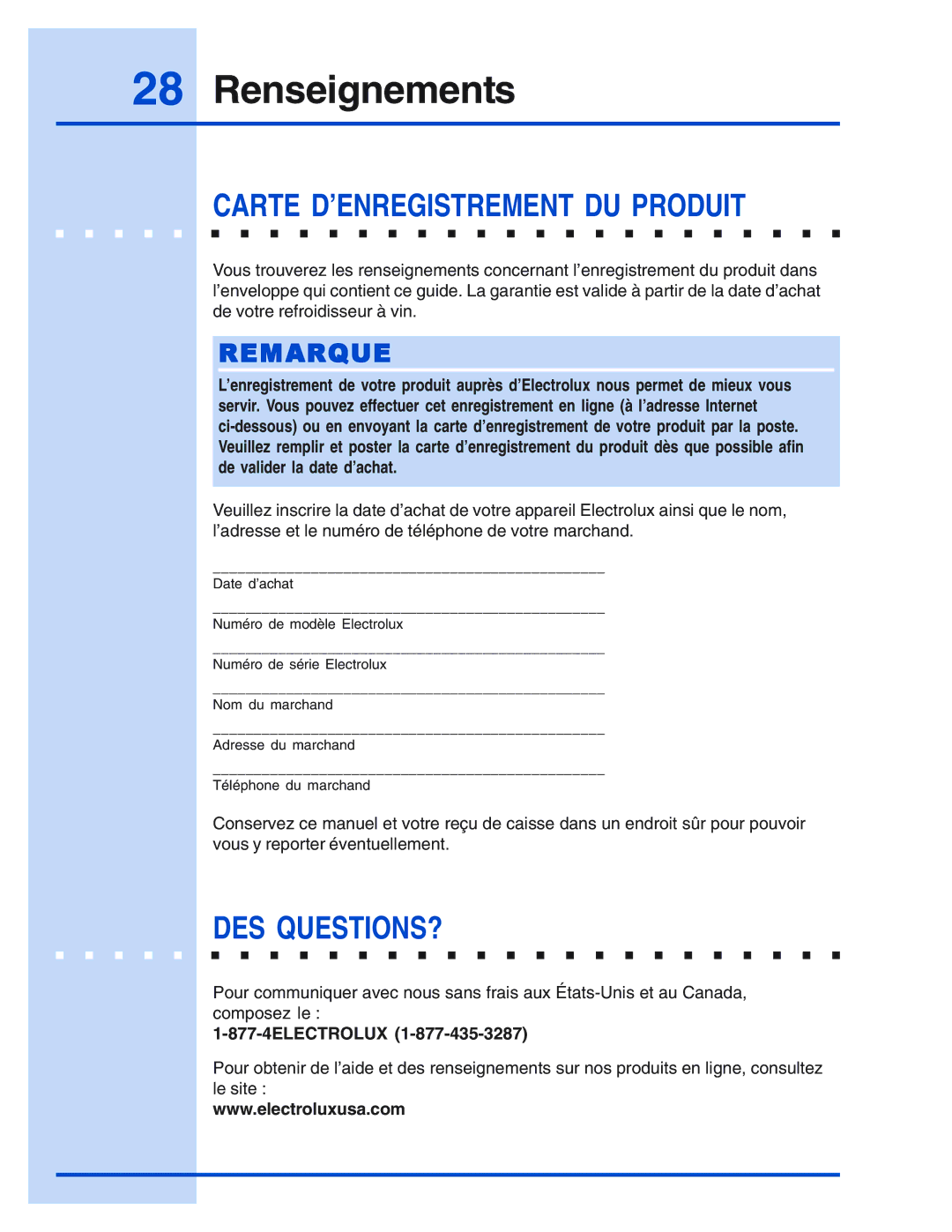 Electrolux 5995421657 manual Carte D’ENREGISTREMENT DU Produit, Des Questions? 