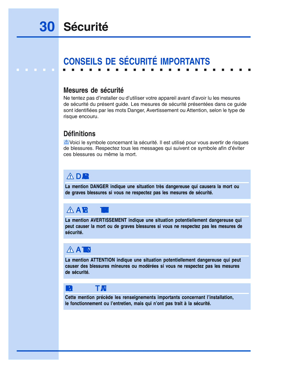 Electrolux 5995421657 manual 30 Sécurité, Conseils DE Sécurité Importants, Mesures de sécurité, Définitions 