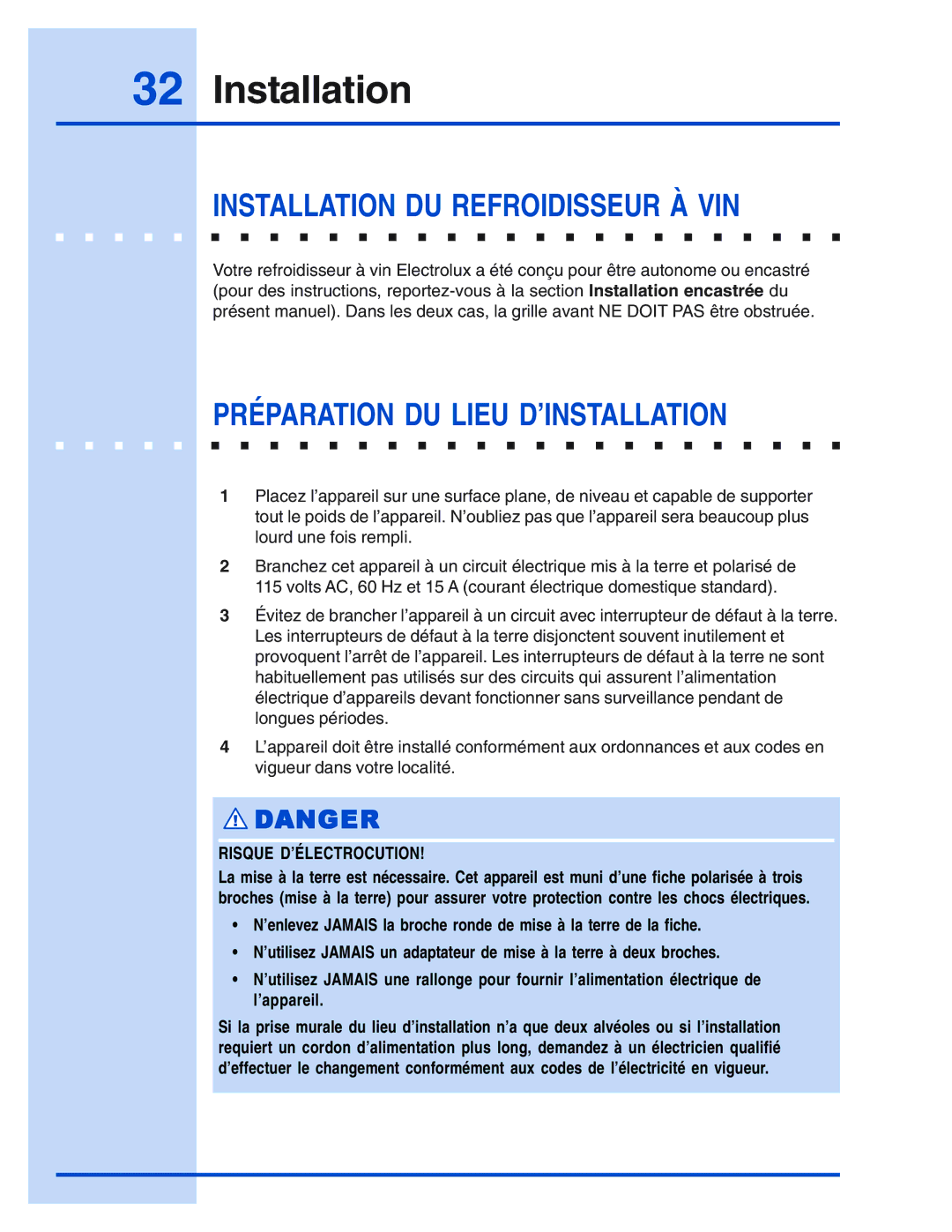 Electrolux 5995421657 manual Installation DU Refroidisseur À VIN, Préparation DU Lieu D’INSTALLATION 