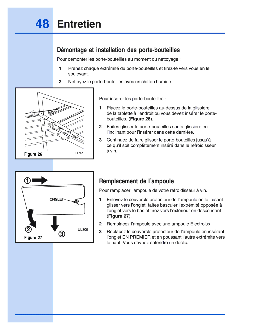 Electrolux 5995421657 manual Démontage et installation des porte-bouteilles, Remplacement de l’ampoule 