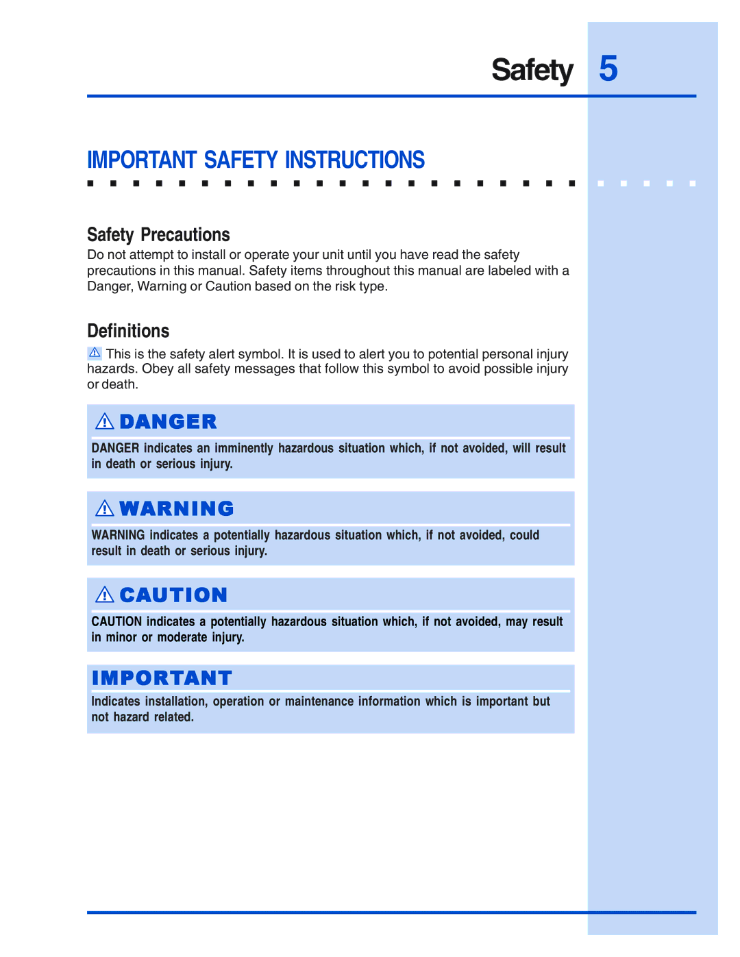 Electrolux 5995421657 manual Important Safety Instructions, Safety Precautions, Definitions 