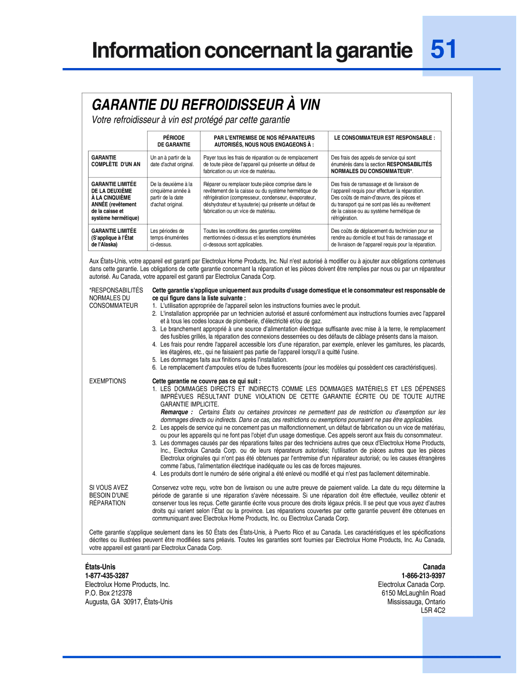 Electrolux 5995421657 manual Information concernant la garantie, Garantie DU Refroidisseur À VIN 