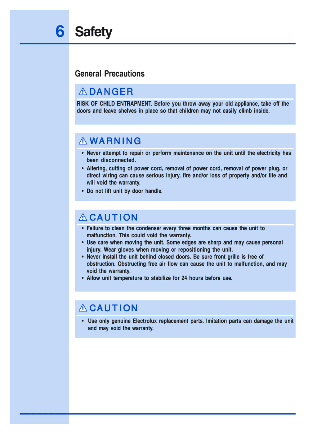 Electrolux 5995421657 manual General Precautions 