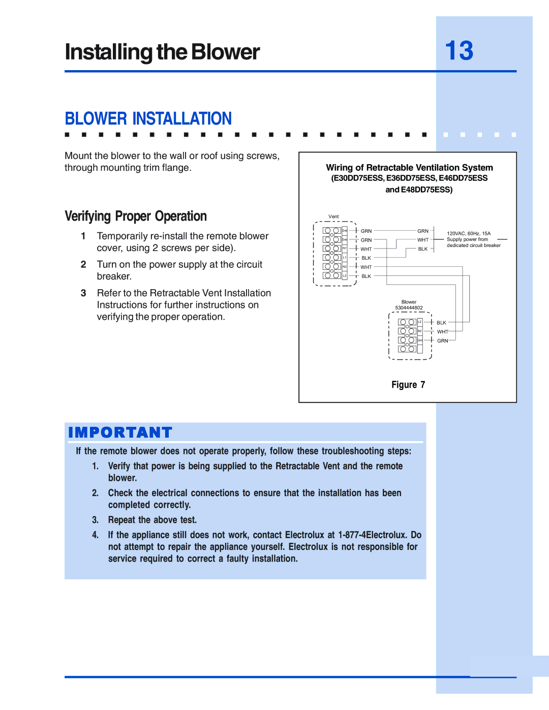 Electrolux 5995433678 installation instructions Installing the Blower, Blower Installation, E48DD75ESS 