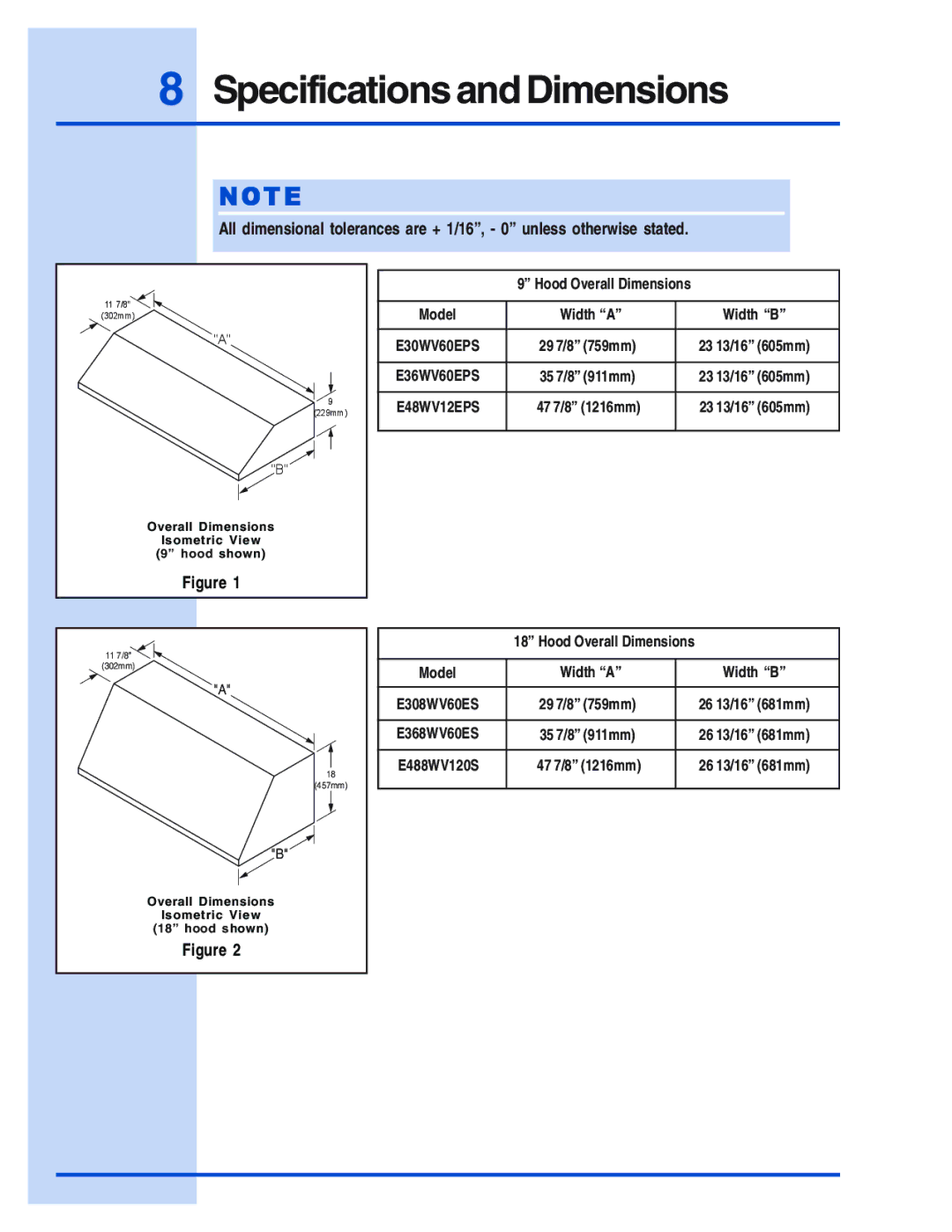 Electrolux 5995438602 installation instructions Specifications and Dimensions, E48WV12EPS 