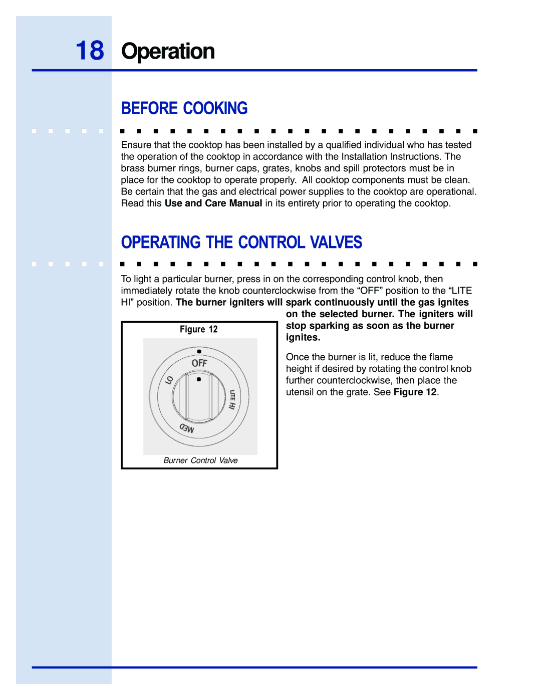 Electrolux 5995447090E36GC76EPS manual Operation, Before Cooking, Operating the Control Valves 