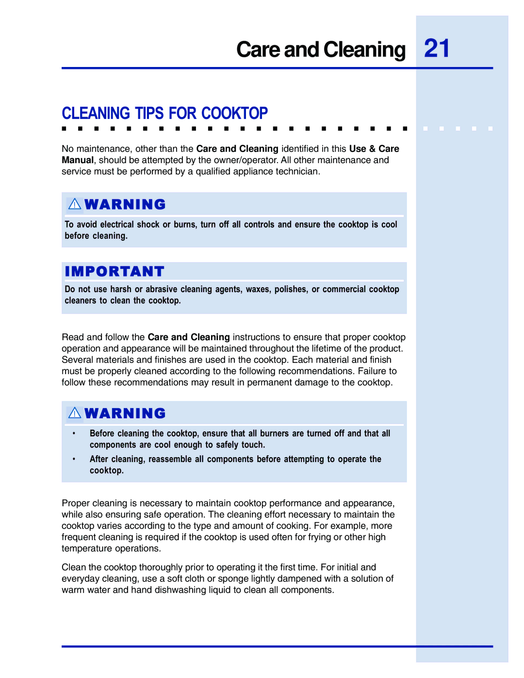 Electrolux 5995447090E36GC76EPS manual Care and Cleaning, Cleaning Tips for Cooktop 