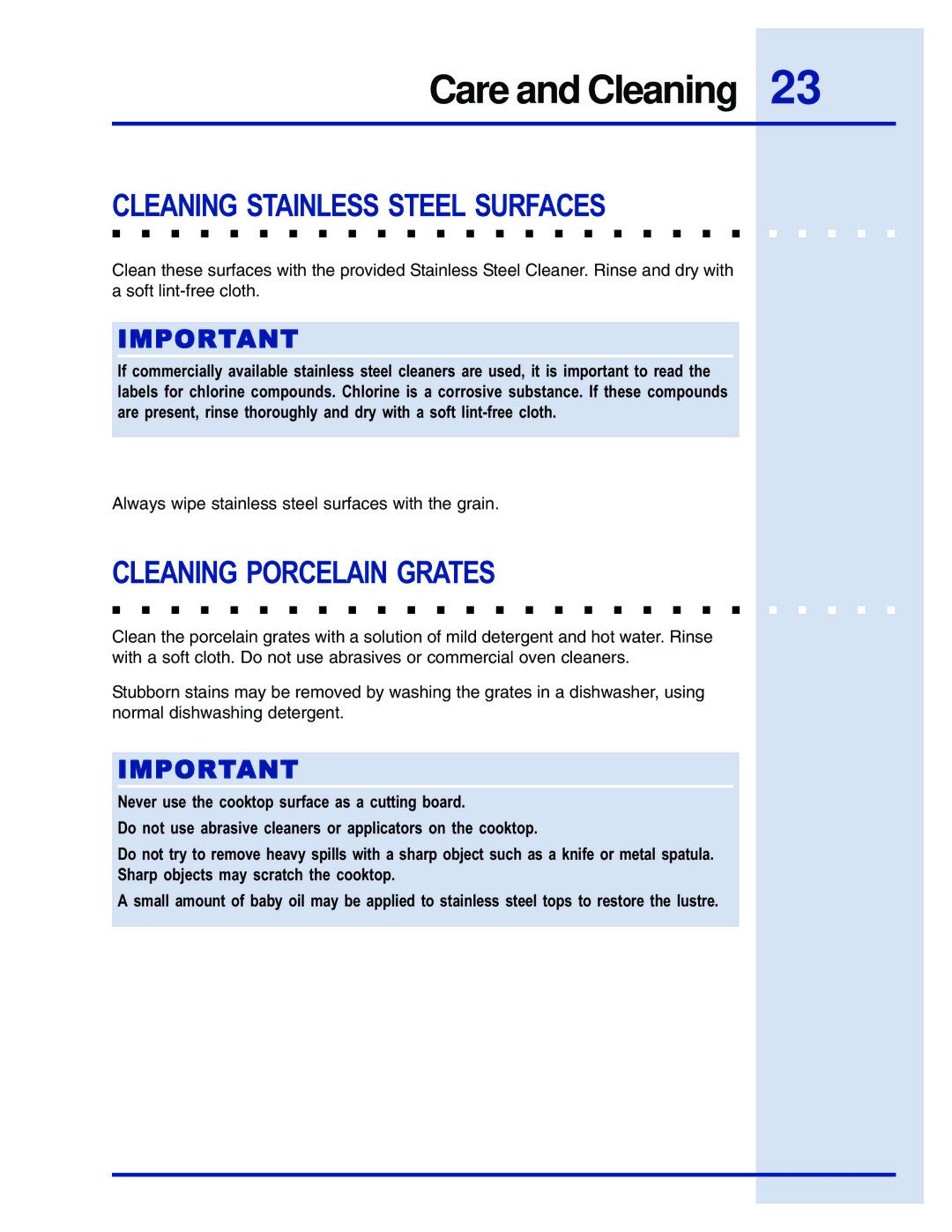 Electrolux 5995447090E36GC76EPS manual Cleaning Stainless Steel Surfaces, Cleaning Porcelain Grates 