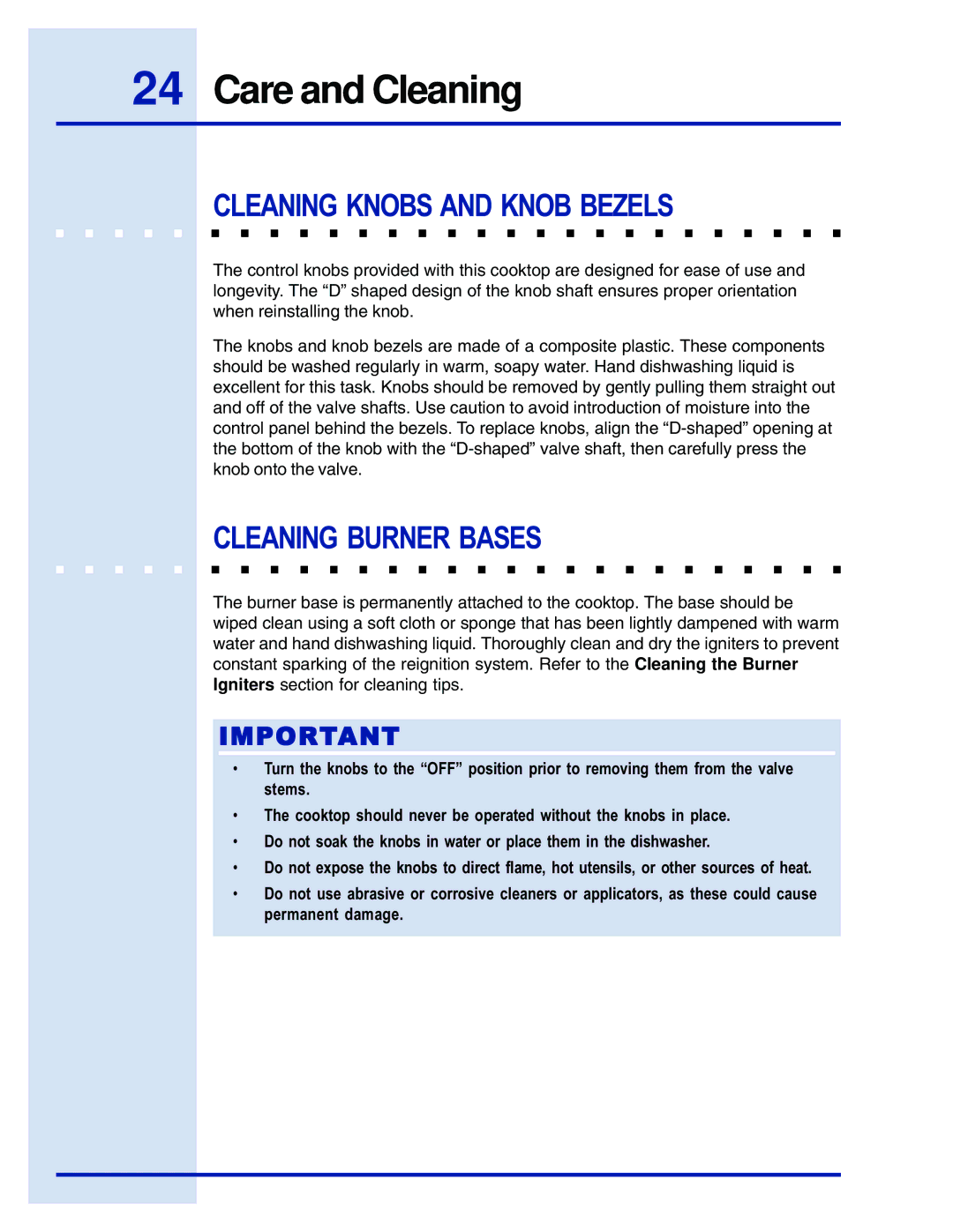 Electrolux 5995447090E36GC76EPS manual Cleaning Knobs and Knob Bezels, Cleaning Burner Bases 