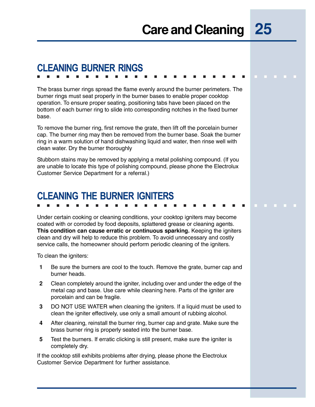 Electrolux 5995447090E36GC76EPS manual Cleaning Burner Rings, Cleaning the Burner Igniters 