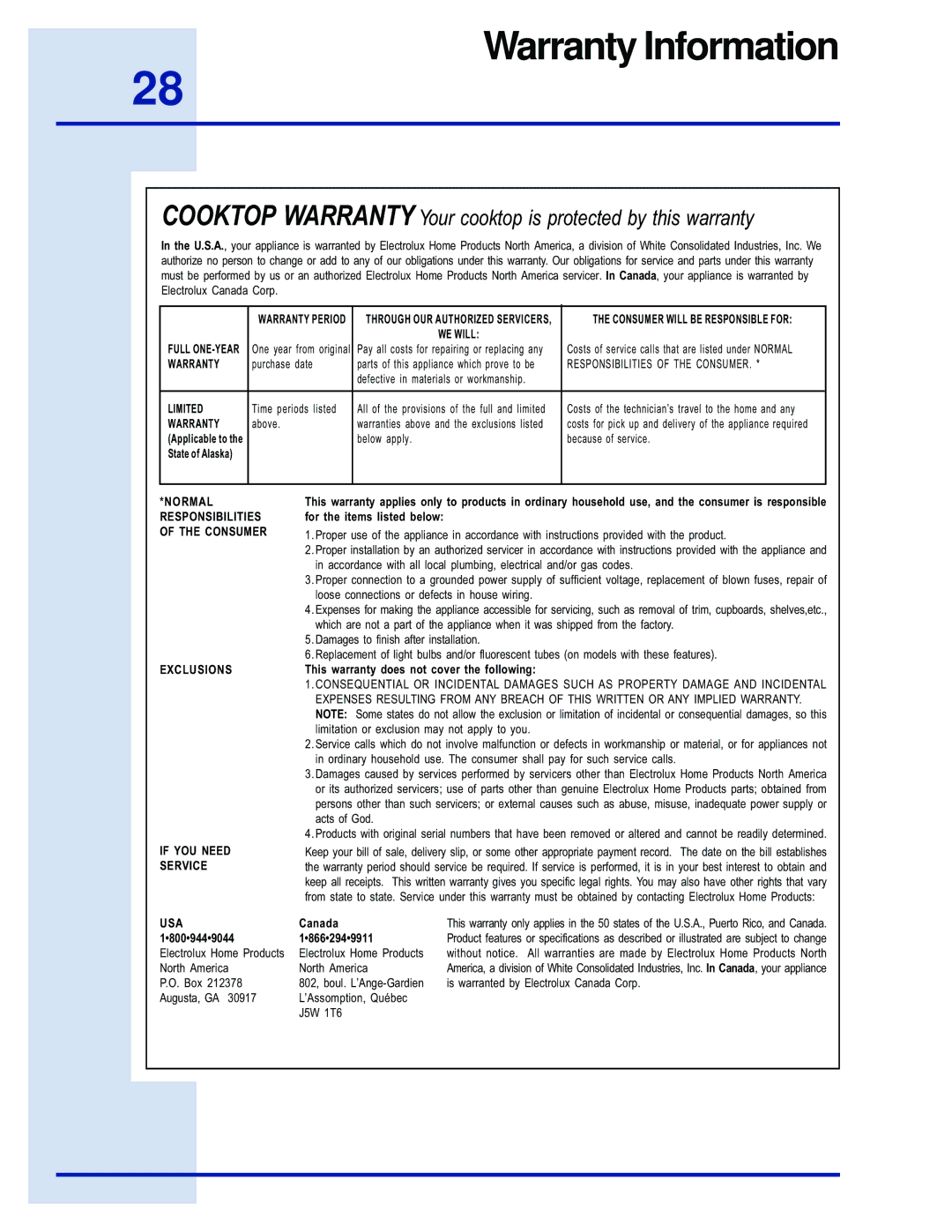 Electrolux 5995447090E36GC76EPS manual Warranty Information, Cooktop Warranty Your cooktop is protected by this warranty 